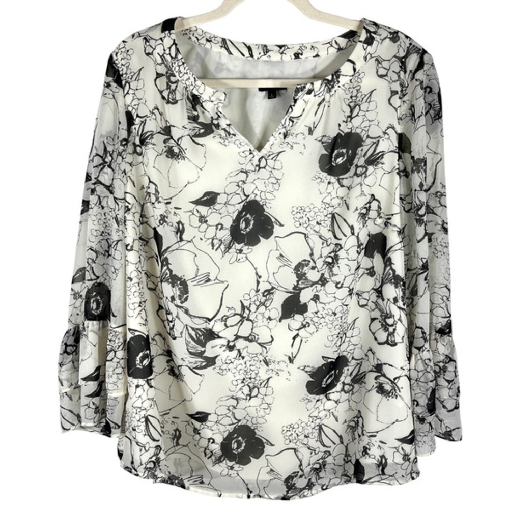 Talbots Floral Sheer-Overlay Blouse Large Cream Black‎ Ruffle Sleeve V-Neck Top